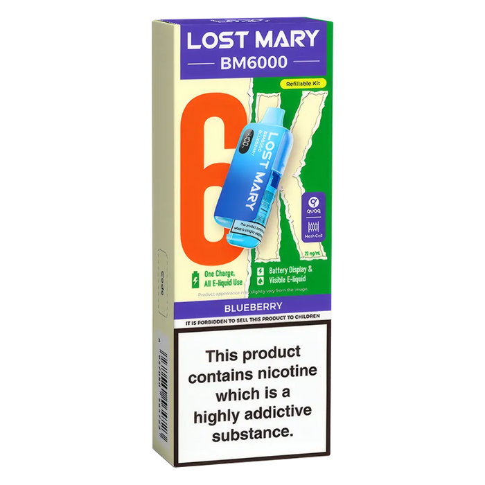 Lost Mary BM6000 Big Puff Kit in Blueberry flavor – bold disposable vape with up to 6,000 puffs.