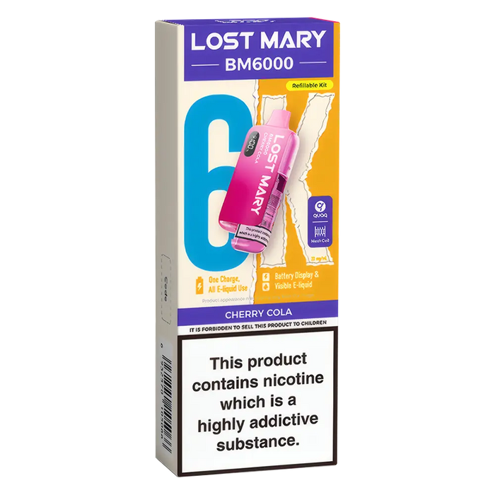 Lost Mary BM6000 Big Puff Kit in Cherry Cola flavor – bold disposable vape with up to 6,000 puffs.