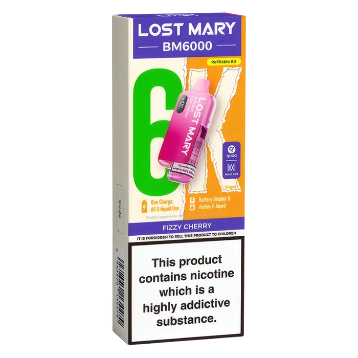 Lost Mary BM6000 Big Puff Kit in Fizzy-Cherry flavor – bold disposable vape with up to 6,000 puffs.