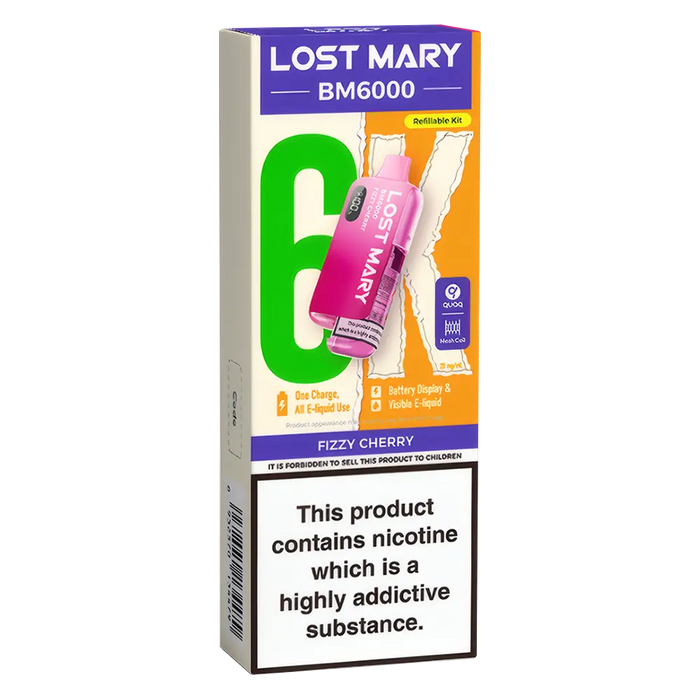 Lost Mary BM6000 Big Puff Kit in Fizzy Cherry flavor – bold disposable vape with up to 6,000 puffs.