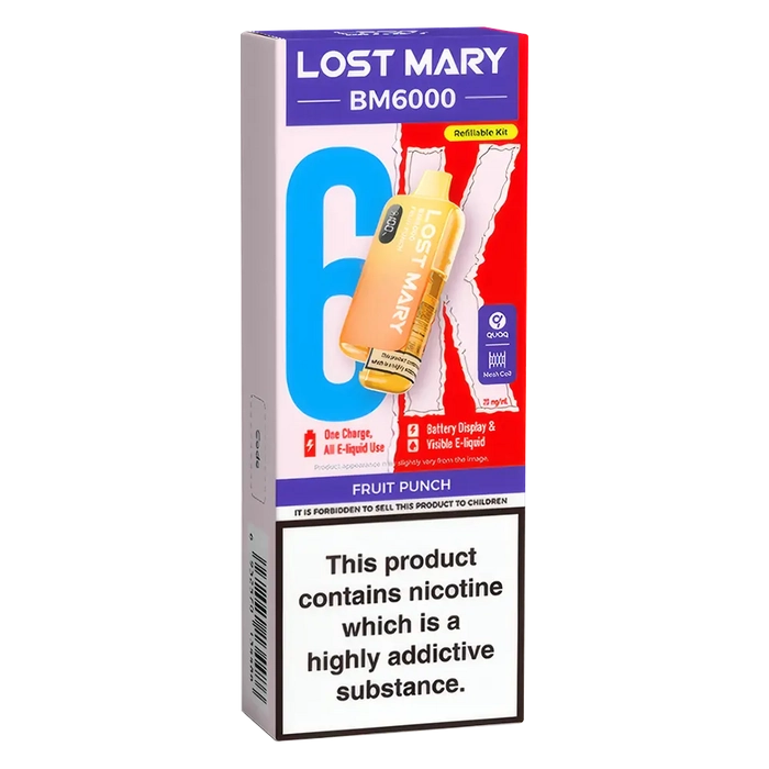 Lost Mary BM6000 Big Puff Kit in Fruit-Punch flavor – bold disposable vape with up to 6,000 puffs.