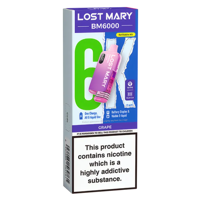 Lost Mary BM6000 Big Puff Kit in Grape flavor – bold disposable vape with up to 6,000 puffs.