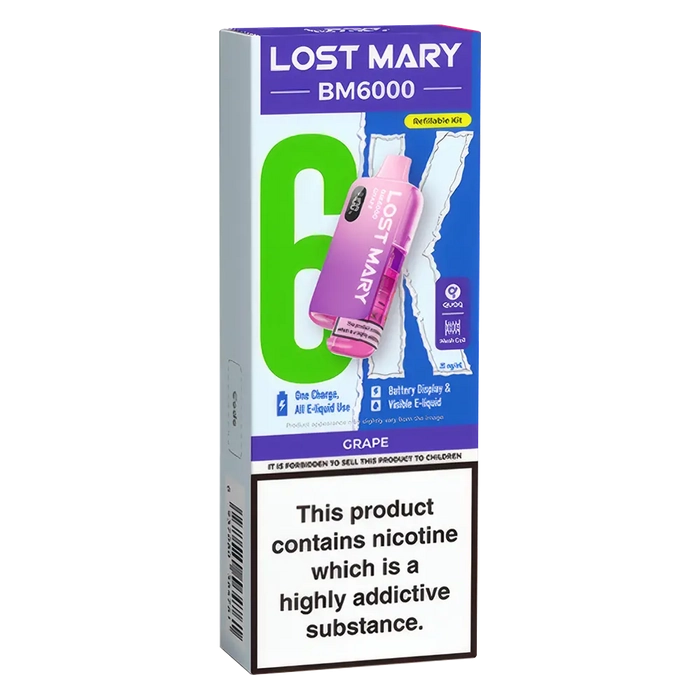 Lost Mary BM6000 Big Puff Kit in Grape flavor – bold disposable vape with up to 6,000 puffs.