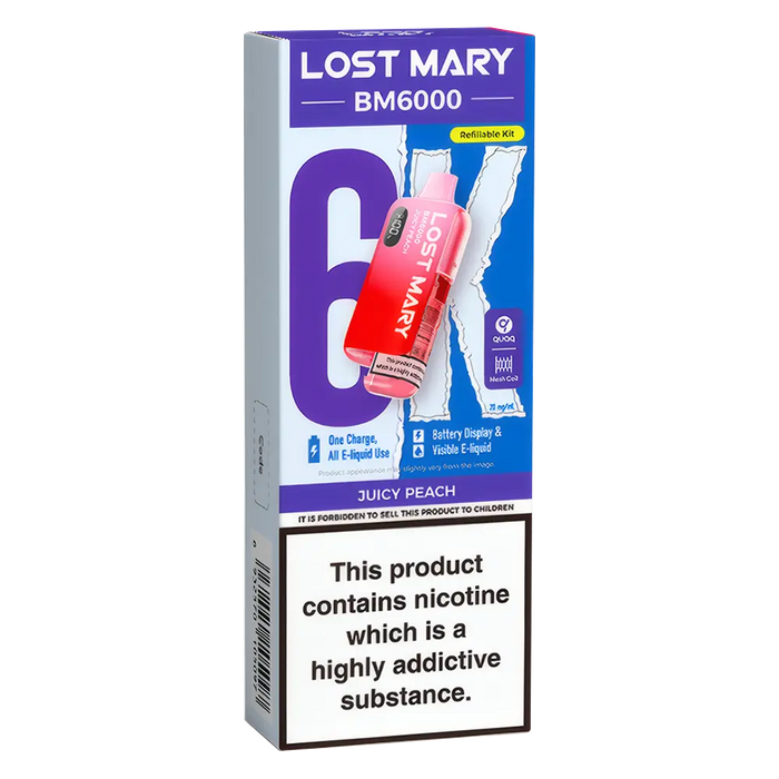 Lost Mary BM6000 Big Puff Kit in Juicy Peach flavor – bold disposable vape with up to 6,000 puffs.