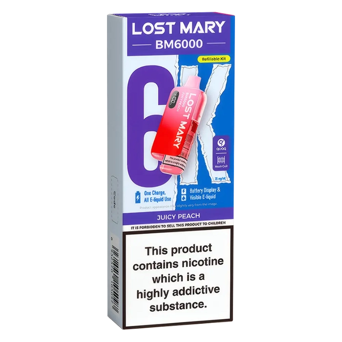 Lost Mary BM6000 Big Puff Kit in Juicy Peach flavor – bold disposable vape with up to 6,000 puffs.