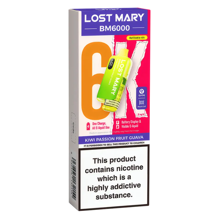 Lost Mary BM6000 Big Puff Kit in Kiwi Passionfruit Guava flavor – bold disposable vape with up to 6,000 puffs.