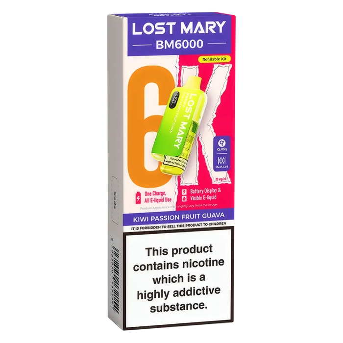 Lost Mary BM6000 Big Puff Kit in Kiwi-Passion-Fruit-Guava flavor – bold disposable vape with up to 6,000 puffs.