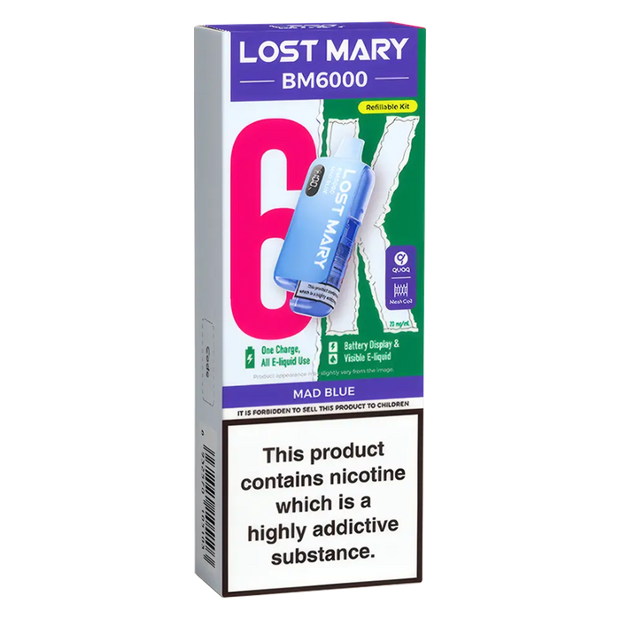 Lost Mary BM6000 Big Puff Kit in Mad Blue flavor – bold disposable vape with up to 6,000 puffs.