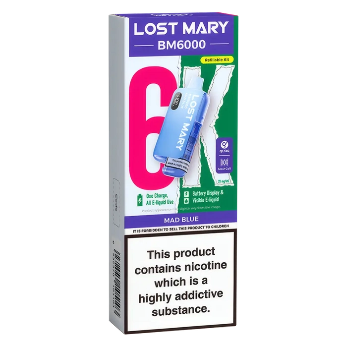 Lost Mary BM6000 Big Puff Kit in Mad-Blue flavor – bold disposable vape with up to 6,000 puffs.