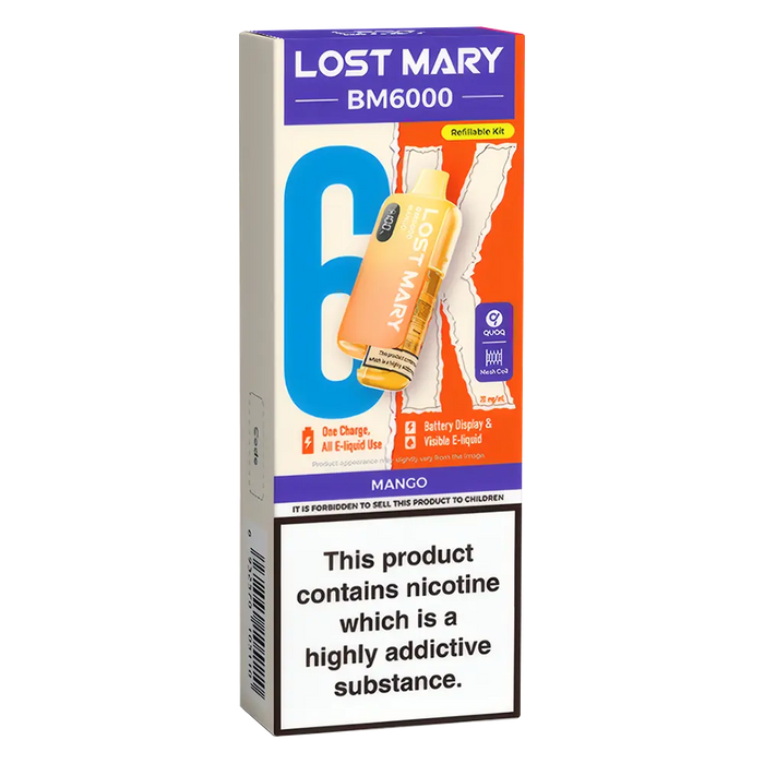 Lost Mary BM6000 Big Puff Kit in Mango flavor – bold disposable vape with up to 6,000 puffs.
