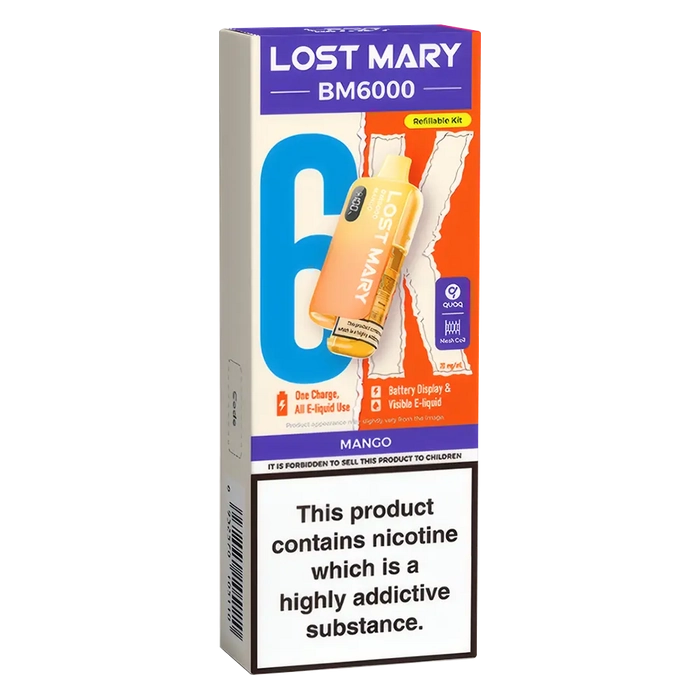 Lost Mary BM6000 Big Puff Kit in Mango flavor – bold disposable vape with up to 6,000 puffs.