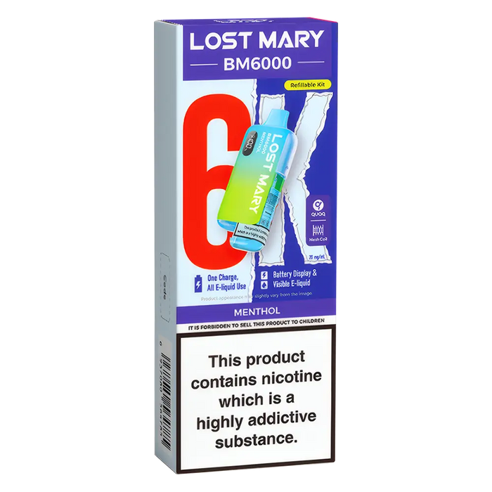 Lost Mary BM6000 Big Puff Kit in Menthol flavor – bold disposable vape with up to 6,000 puffs.