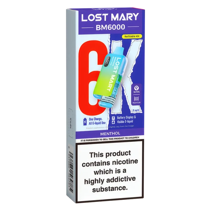 Lost Mary BM6000 Big Puff Kit in Menthol flavor – bold disposable vape with up to 6,000 puffs.