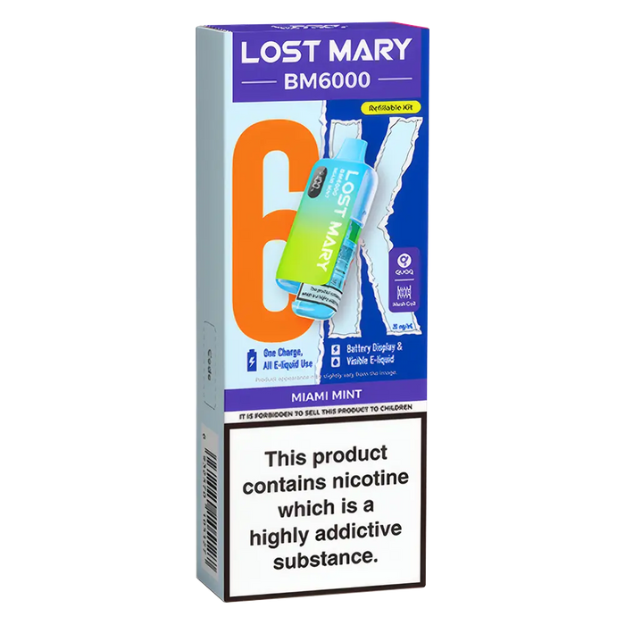 Lost Mary BM6000 Big Puff Kit in Miami Mint flavor – bold disposable vape with up to 6,000 puffs.