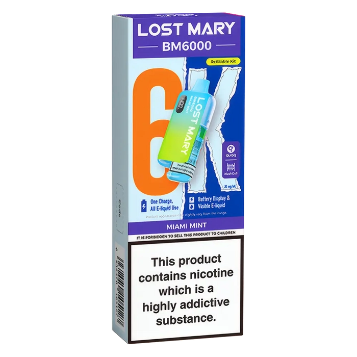 Lost Mary BM6000 Big Puff Kit in Miami-Mint flavor – bold disposable vape with up to 6,000 puffs.