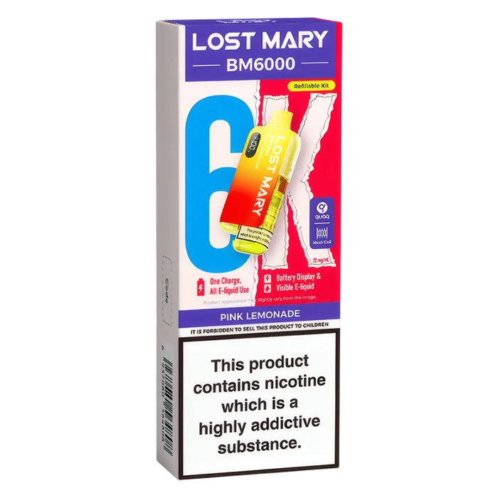 Lost Mary BM6000 Big Puff Kit in Pink-Lemonade flavor – bold disposable vape with up to 6,000 puffs.