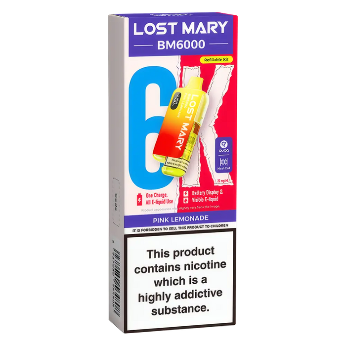 Lost Mary BM6000 Big Puff Kit in Pink Lemonade flavor – bold disposable vape with up to 6,000 puffs.
