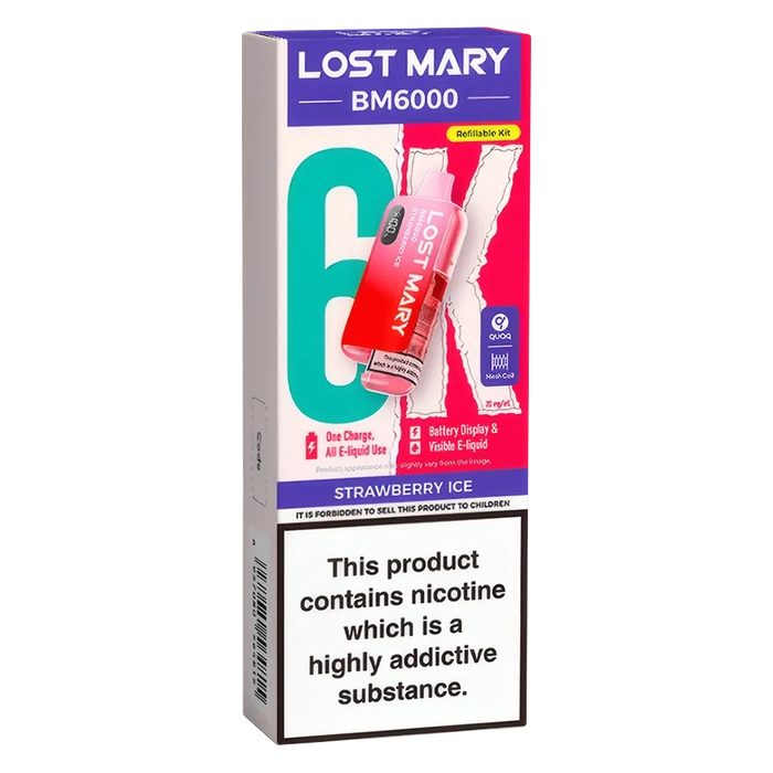 Lost Mary BM6000 Big Puff Kit in Strawberry-Ice flavor – bold disposable vape with up to 6,000 puffs.