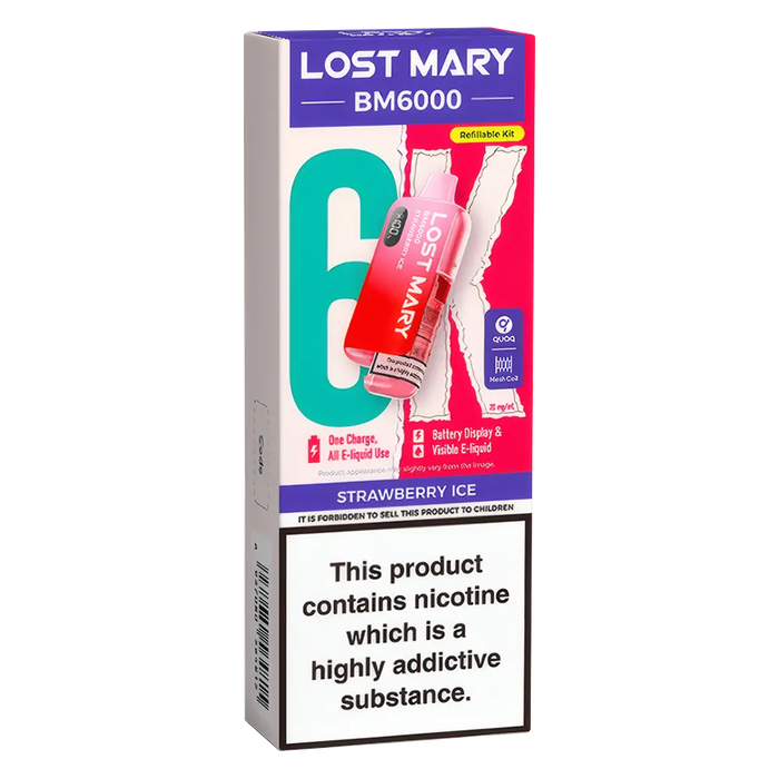 Lost Mary BM6000 Big Puff Kit in Strawberry Ice flavor – bold disposable vape with up to 6,000 puffs.