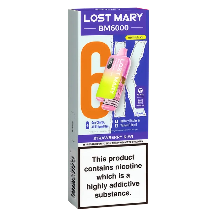 Lost Mary BM6000 Big Puff Kit in Strawberry-Kiwi flavor – bold disposable vape with up to 6,000 puffs.