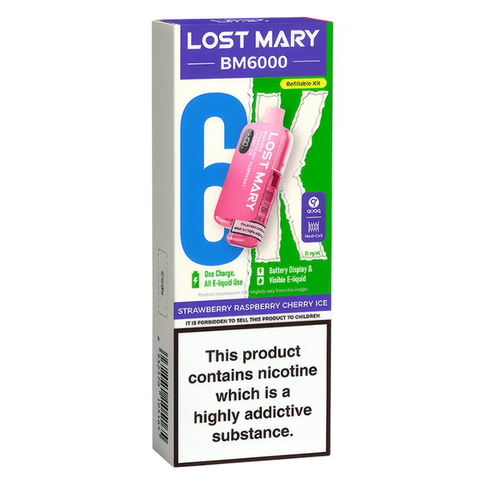 Lost Mary BM6000 Big Puff Kit in Strawberry Raspberry Cherry Ice flavor – bold disposable vape with up to 6,000 puffs.
