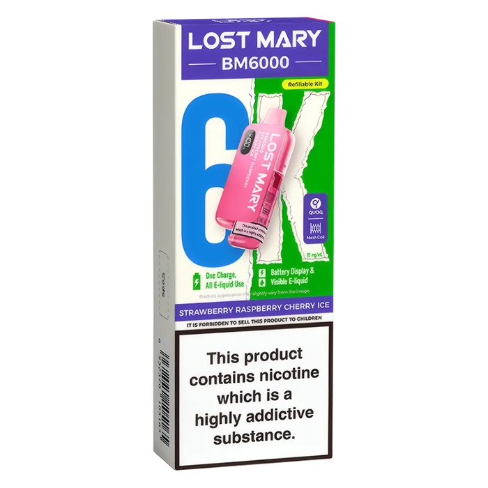 Lost Mary BM6000 Big Puff Kit in Strawberry-Raspberry-Cherry-Ice flavor – bold disposable vape with up to 6,000 puffs.