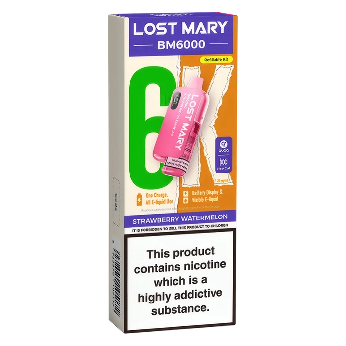 Lost Mary BM6000 Big Puff Kit in Strawberry-Watermelon flavor – bold disposable vape with up to 6,000 puffs.