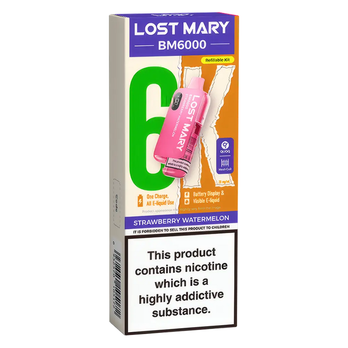 Lost Mary BM6000 Big Puff Kit in Strawberry Watermelon flavor – bold disposable vape with up to 6,000 puffs.