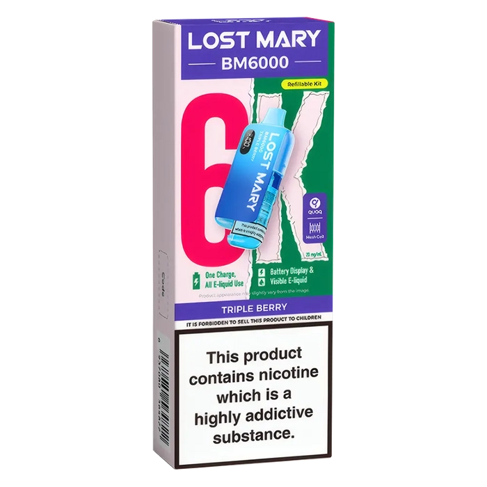 Lost Mary BM6000 Big Puff Kit in Triple-Berry flavor – bold disposable vape with up to 6,000 puffs.
