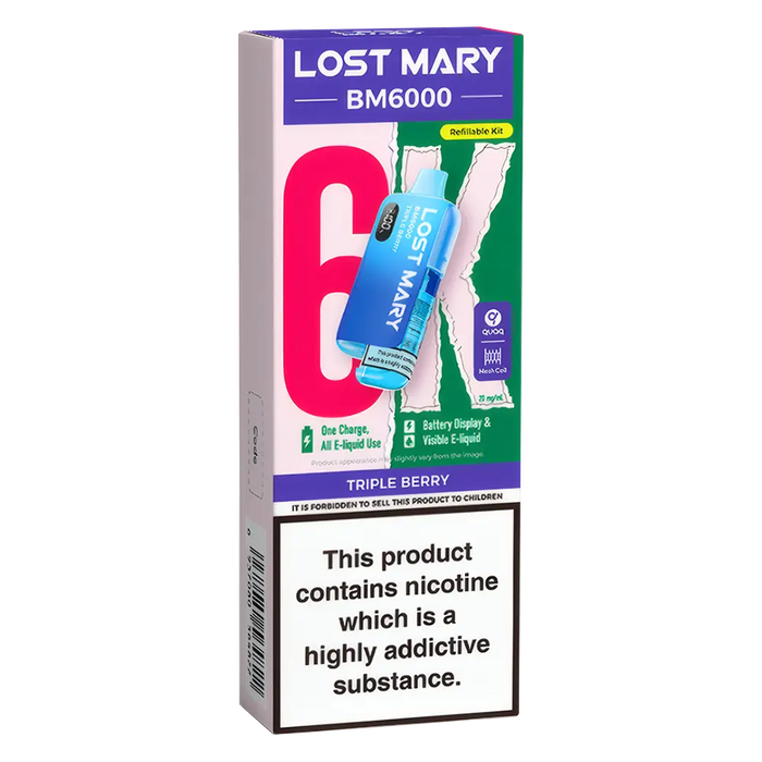 Lost Mary BM6000 Big Puff Kit in Triple Berry flavor – bold disposable vape with up to 6,000 puffs.