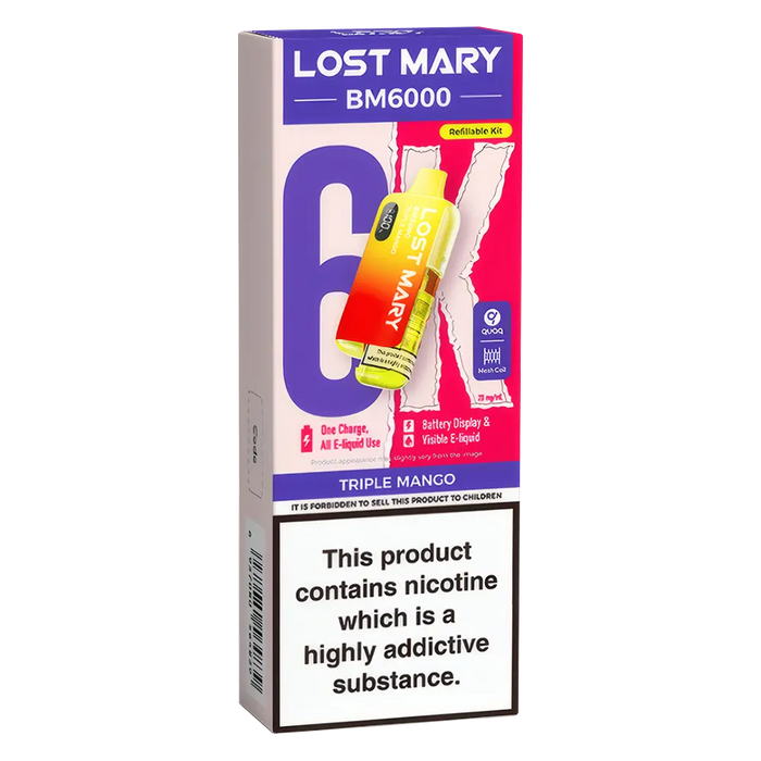 Lost Mary BM6000 Big Puff Kit in Triple Mango flavor – bold disposable vape with up to 6,000 puffs.