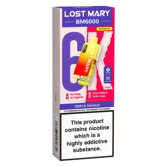 Lost Mary BM6000 Big Puff Kit in Triple-Mango flavor – bold disposable vape with up to 6,000 puffs.