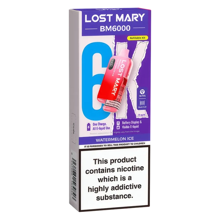 Lost Mary BM6000 Big Puff Kit in Watermelon-Ice flavor – bold disposable vape with up to 6,000 puffs.