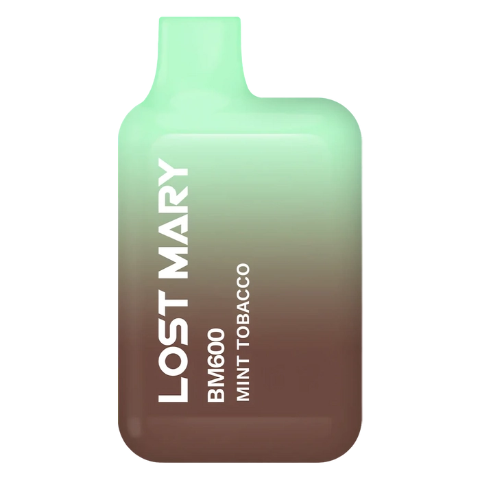 Lost Mary BM600 Prefilled Pod Kit in mint tobacco flavor, a compact and stylish, prefilled and ready to use with smooth nicotine salt e-liquid for a satisfying vaping experience.