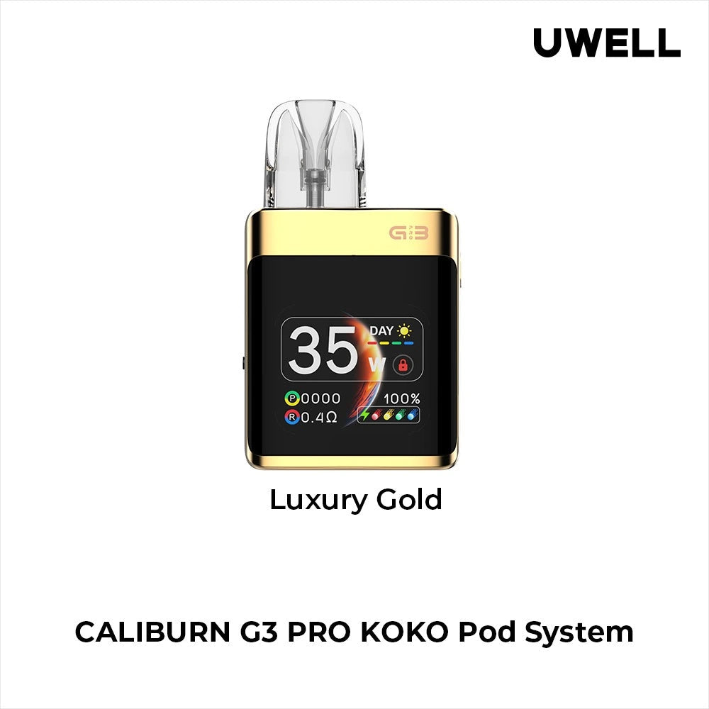 Uwell Caliburn G3 Pro Koko Pod Vape Kit in Luxury Gold – compact square-shaped vape device with a sleek dark finish, OLED display, and customizable vaping features.