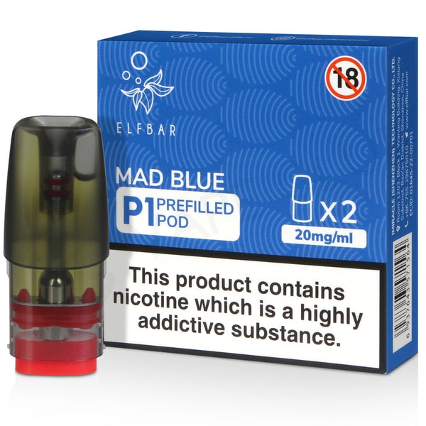 Elf Bar Mate P1 prefilled pod in Mad Blue flavor, blending sweet blueberry, raspberry, and blackberry notes, designed for use with the Elf Bar Mate device to deliver a smooth and flavorful vaping experience
