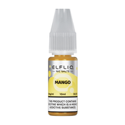 A bottle of Elf Bar ElfLiq Mango Nic Salt Vape Juice with a yellow label, indicating 10ml volume and 20mg nicotine strength. The label also mentions 'Nicotine is highly addictive'.