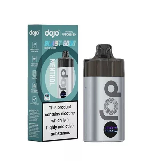 Vaporesso Dojo Blast 6000 puffs vape kit in Menthol, featuring a sleek rechargeable design with 6k BIG Puff capacity, mesh coil technology for enhanced flavor, long-lasting battery, and user-friendly draw activation.