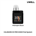 Load image into Gallery viewer, Uwell Caliburn G3 Pro Koko Pod Vape Kit in Midnight Black – compact square-shaped vape device with a sleek dark finish, OLED display, and customizable vaping features.

