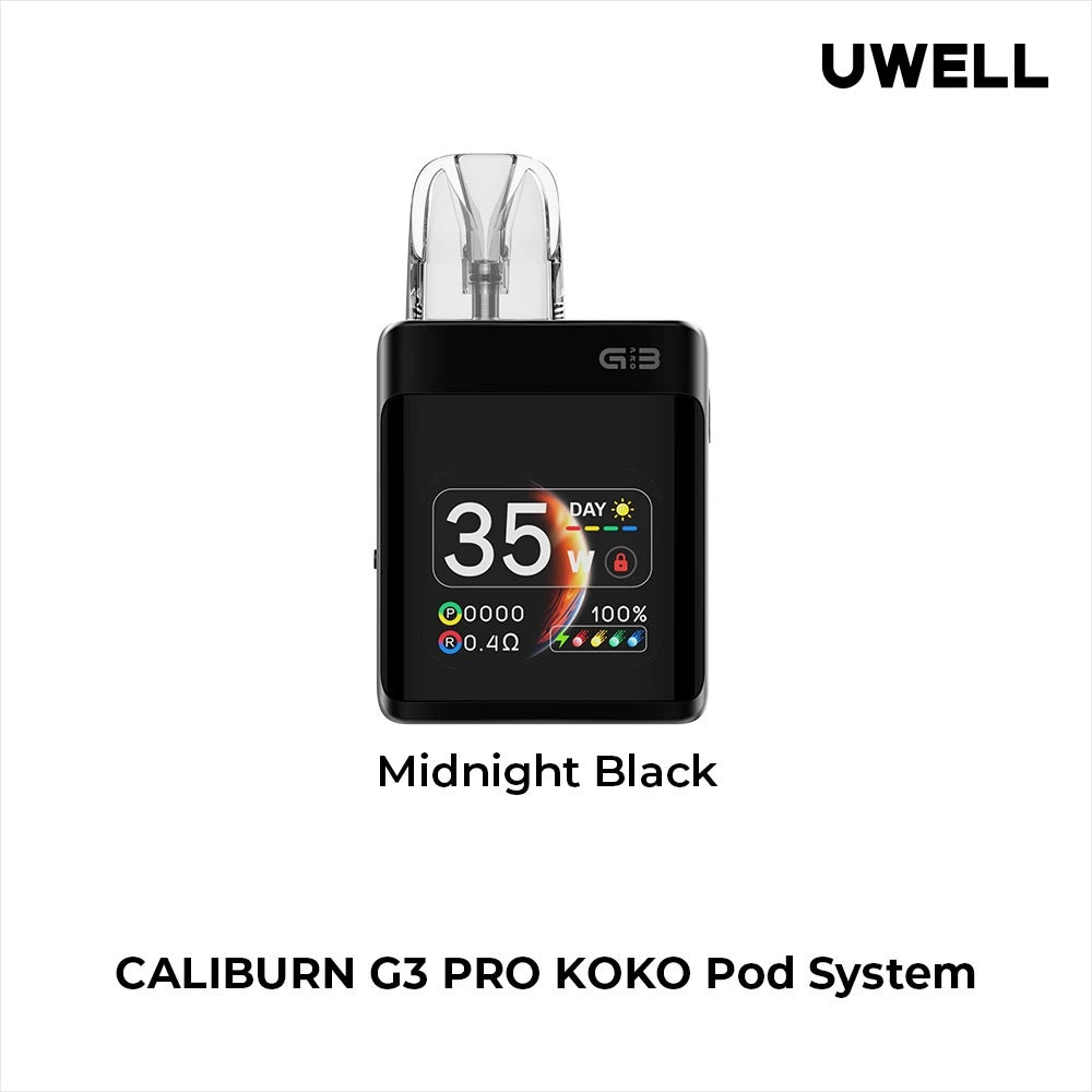 Uwell Caliburn G3 Pro Koko Pod Vape Kit in Midnight Black – compact square-shaped vape device with a sleek dark finish, OLED display, and customizable vaping features.
