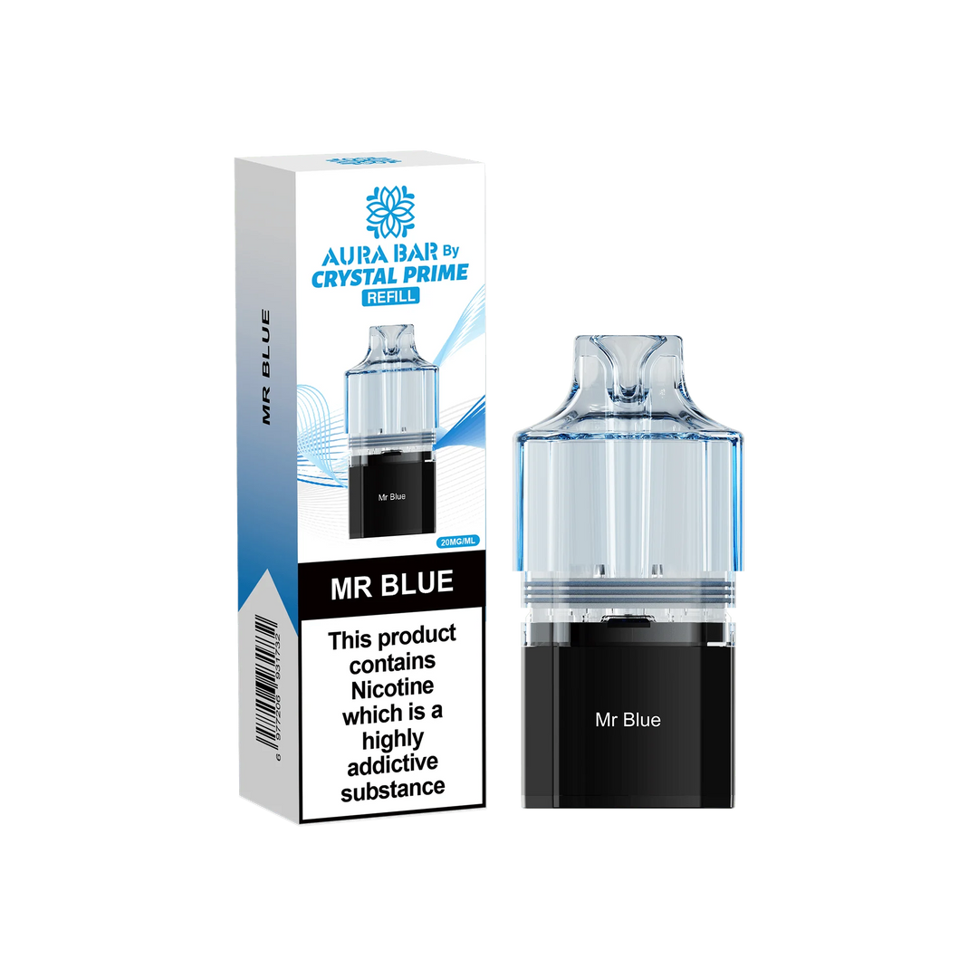 Mr Blue Aura Bar Crystal Prime 10K Replacement Pods – long-lasting prefilled vape pods with rich flavours and smooth performance