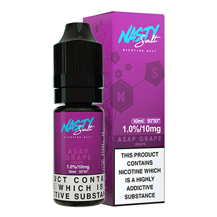 A 10 ml bottle of Nasty Juice ASAP Grape Nasty Salt e‑liquid, featuring sleek black-and-purple packaging adorned with bold ‘ASAP’ and grape-themed graphics, designed for use in nicotine salt vape devices.