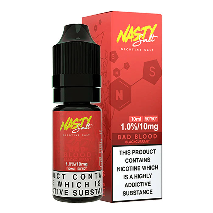 A 30ml bottle of Nasty Salt Bad Blood Nic Salt Vape Juice with striking black and red packaging, featuring the Nasty Salt logo and bold flavor name, known for its rich blackcurrant profile, designed for nicotine salt vape systems.