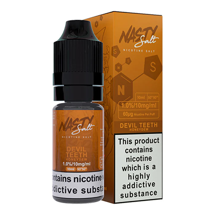 Nasty Salt Devil Teeth Nic Salt Vape Juice – sleek 10 ml bottle featuring a bold devil fruit-inspired flavor blend, smooth nicotine salts, and convenient dropper tip for pod-system compatibility.