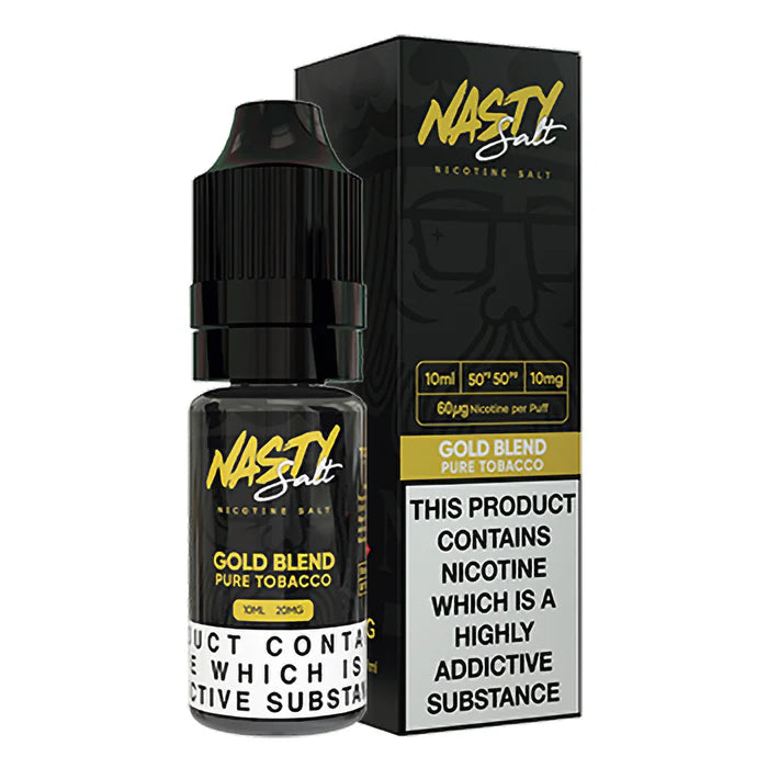 Bottle of Nasty Salt Gold Blend Nic Salt Vape Juice with elegant gold and white packaging, showcasing premium tobacco flavor branding and designed for use in nicotine salt vape devices.