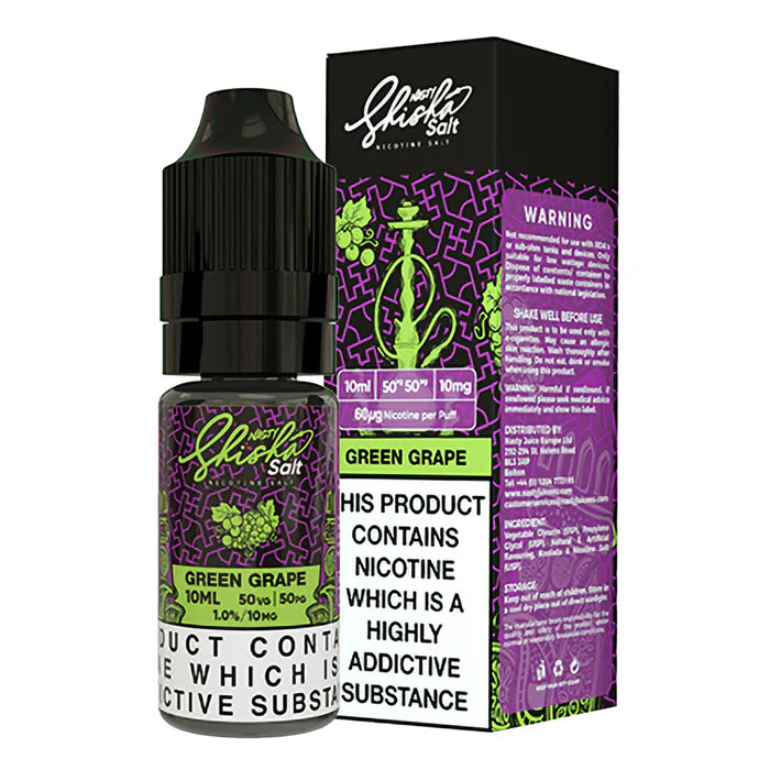 Nasty Shisha Salt Green Grape Nic Salt Vape Juice – slim 10 ml bottle featuring crisp green grape flavor with smooth nicotine salts, ideal for pod-system vaping and easy dropper-filling.