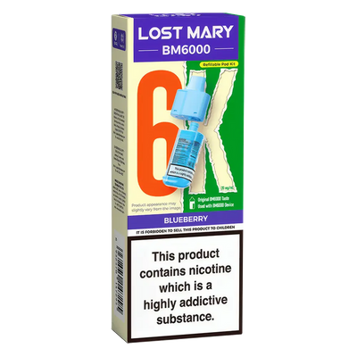 Lost Mary BM6000 prefilled vape pods in Blueberry flavor, designed with a sleek and ergonomic body, rechargeable battery via USB-C, built-in mesh coil for enhanced flavor, and offering up to 6000 puffs for a smooth, long-lasting vaping experience.