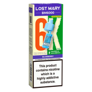 Lost Mary BM6000 prefilled vape pods in Blueberry flavor, designed with a sleek and ergonomic body, rechargeable battery via USB-C, built-in mesh coil for enhanced flavor, and offering up to 6000 puffs for a smooth, long-lasting vaping experience.