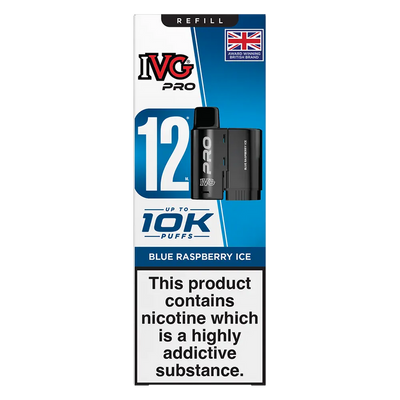 IVG Pro 12 prefilled vape pods in Blue Raspberry Ice flavor, offering a refreshing mint taste with a convenient disposable design