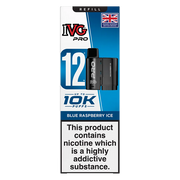 IVG Pro 12 prefilled vape pods in Blue Raspberry Ice flavor, offering a refreshing mint taste with a convenient disposable design